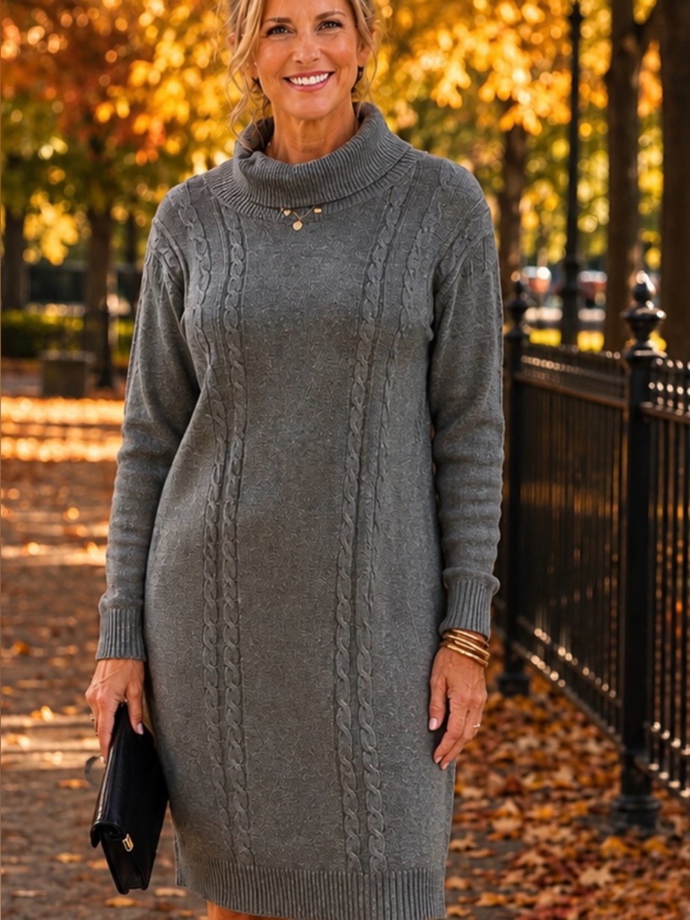 Serra Gray Cable-Knit Turtleneck Sweater Dress - Long Sleeve